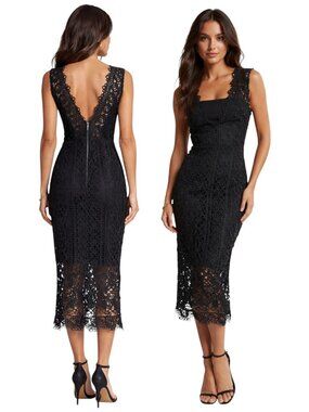 Aqua Lace Midi Dress Black Sheath Sleeveless V Back S